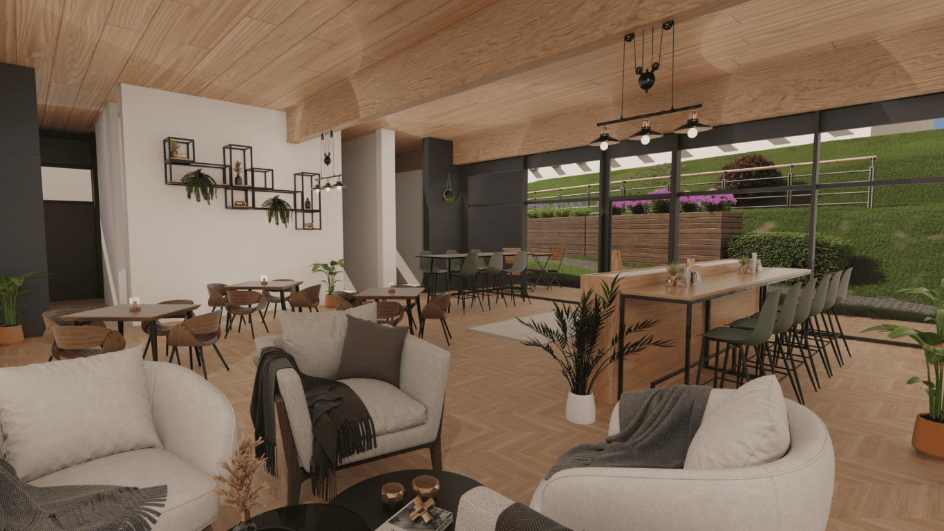 Inneneinrichtung eines Cafés - Friedenshort Freudenberg Moderne, helle Innenarchitektur mit Essbereich und gemütlichen Sitzgelegenheiten.