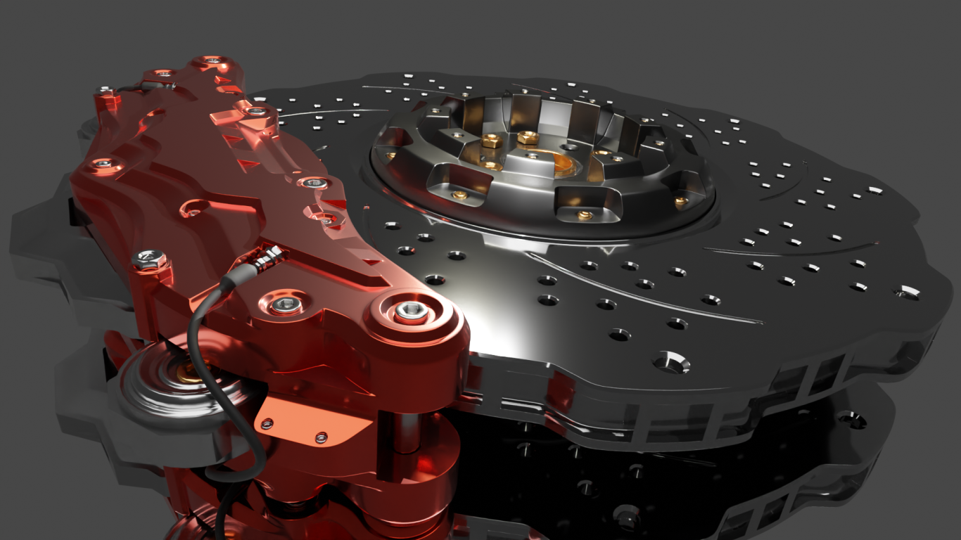 Bremse inklusive Bremsscheibe Roter Bremszylinder und schwarzes Bremsscheiben-Design auf grauem Hintergrund.